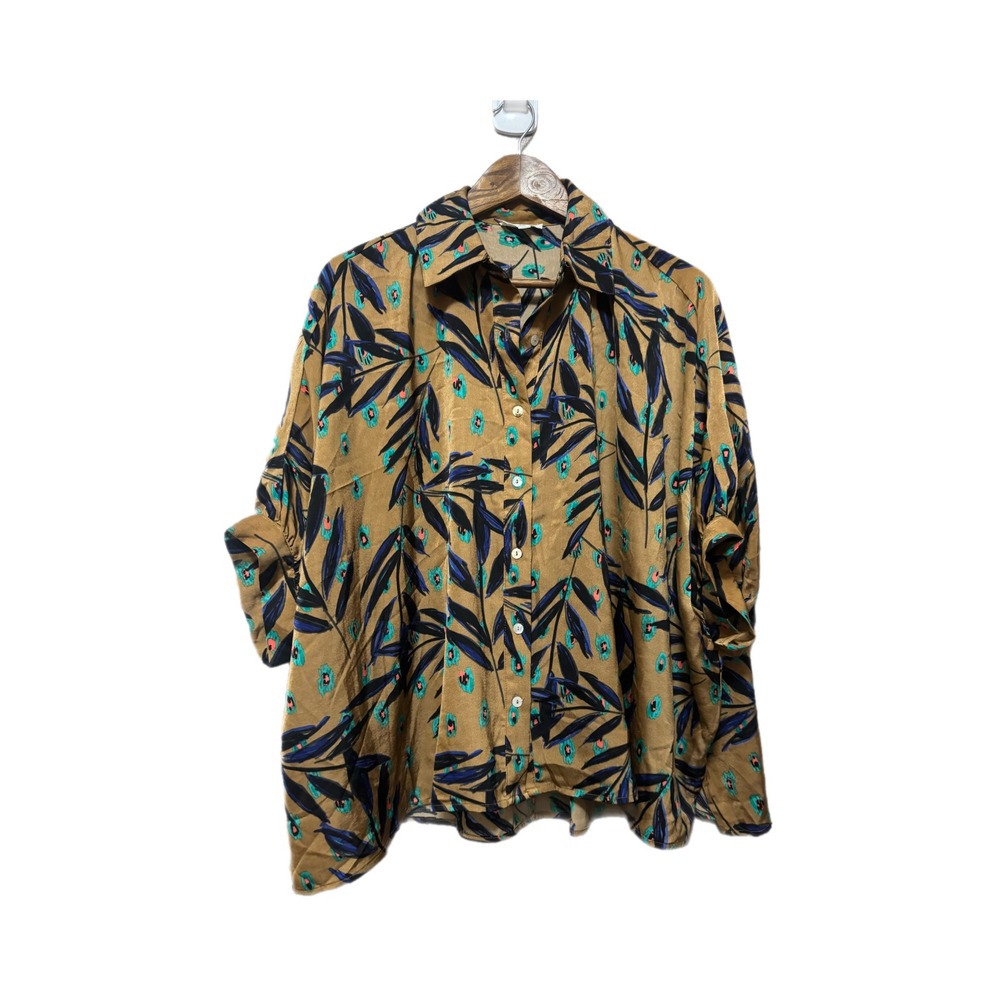 Entro Button Down Shirt Women S/M Brown Tropical Floral Excellent Boxy T21159